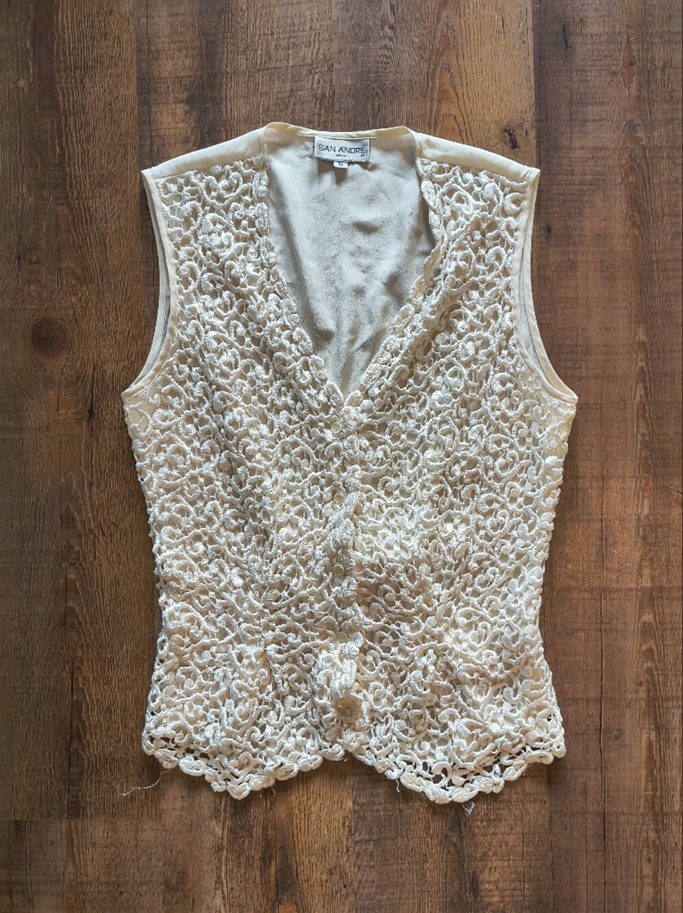 San Andre Cream White Lace Sleeveless V Neck Button Down Vest w/ Back Tie Size 6